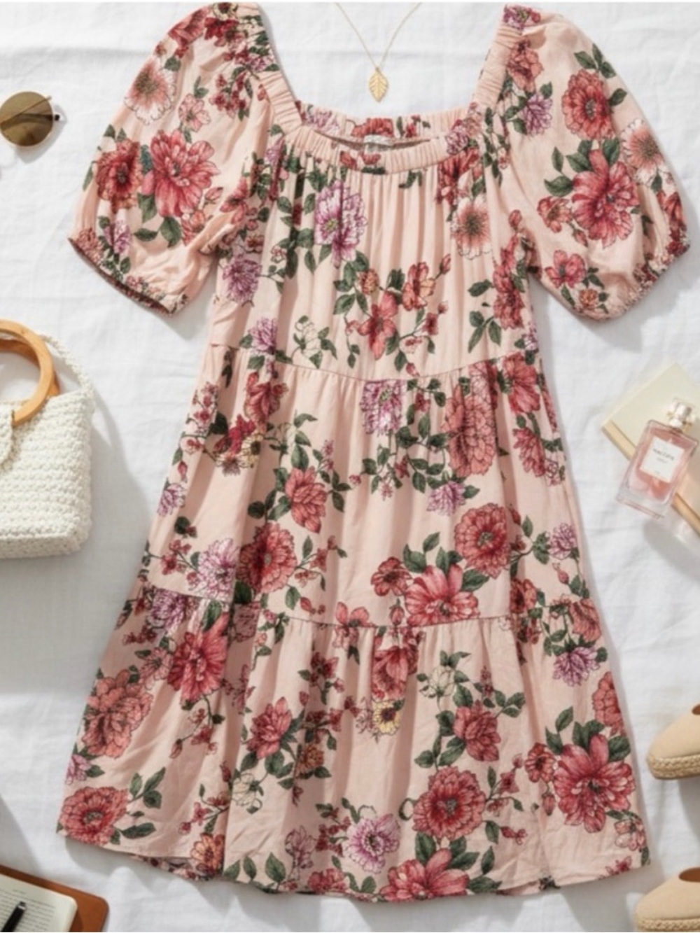 Naif Pink Floral Tiered Short Dress Size Large‎